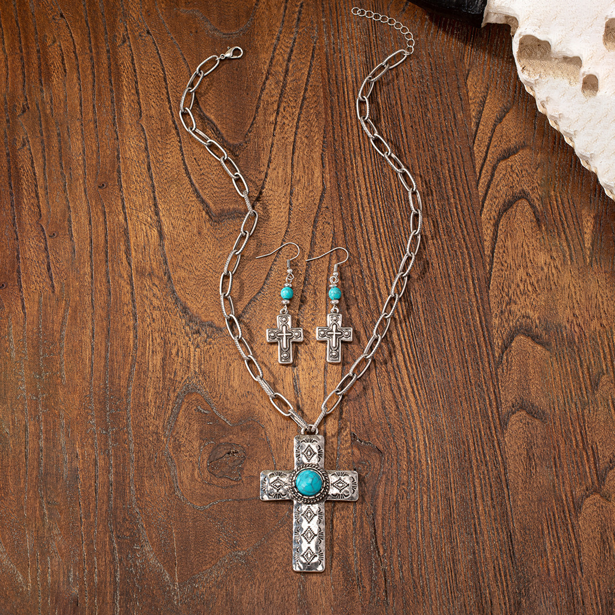 MYK4380-Vintage cross pendant necklace and earring set