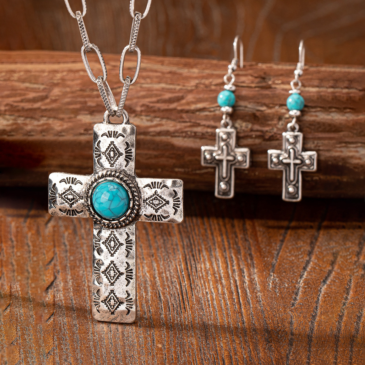 MYK4380-Vintage cross pendant necklace and earring set