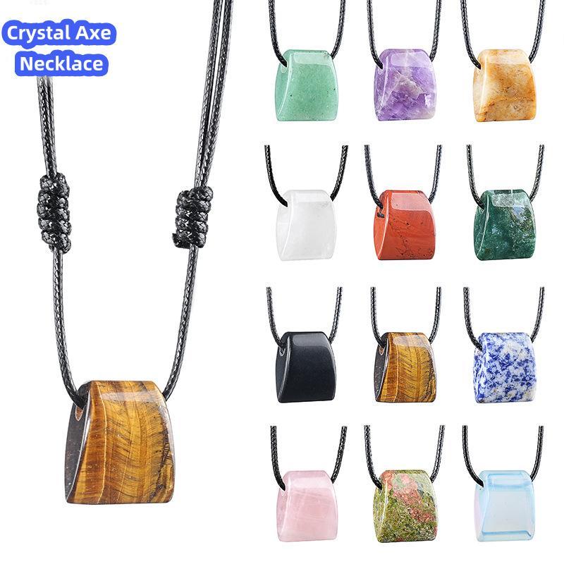 MYK4404-Crystal axe necklace, vintage handmade adjustable braided rope pendant