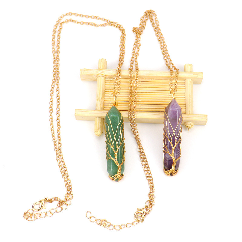 Handmade Copper Wire Wrapped Natural Crystal Hexagonal Prism Necklace
