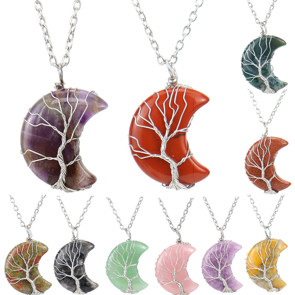 Natural Stone Moon Wrapped Thread Handmade Money Tree Crystal Necklace