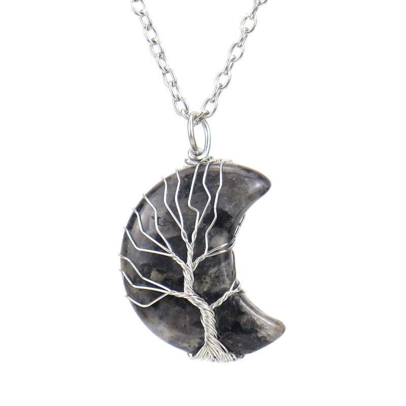 Natural Stone Moon Wrapped Thread Handmade Money Tree Crystal Necklace