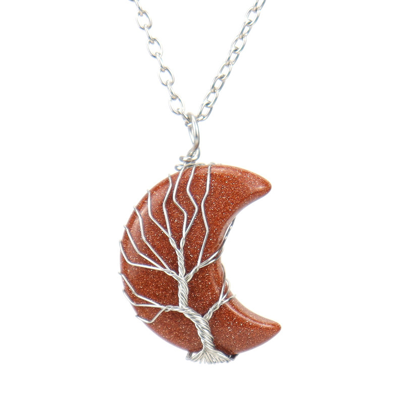 Natural Stone Moon Wrapped Thread Handmade Money Tree Crystal Necklace