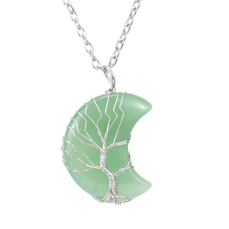Natural Stone Moon Wrapped Thread Handmade Money Tree Crystal Necklace