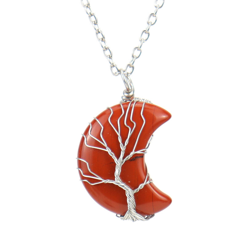 Natural Stone Moon Wrapped Thread Handmade Money Tree Crystal Necklace