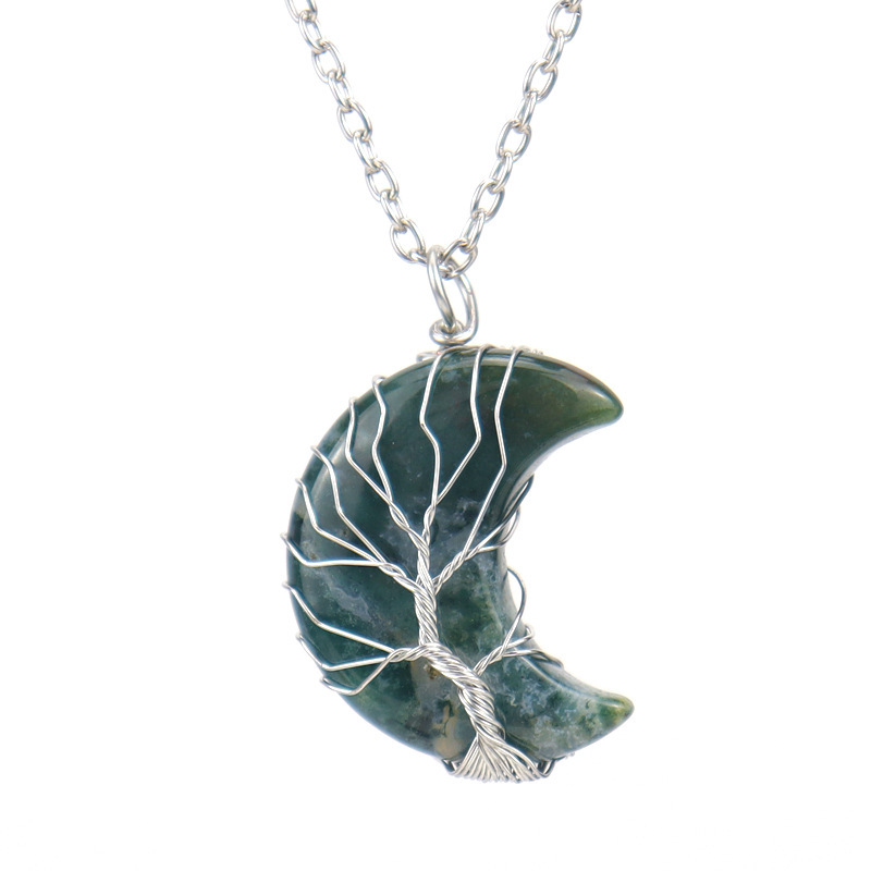 Natural Stone Moon Wrapped Thread Handmade Money Tree Crystal Necklace