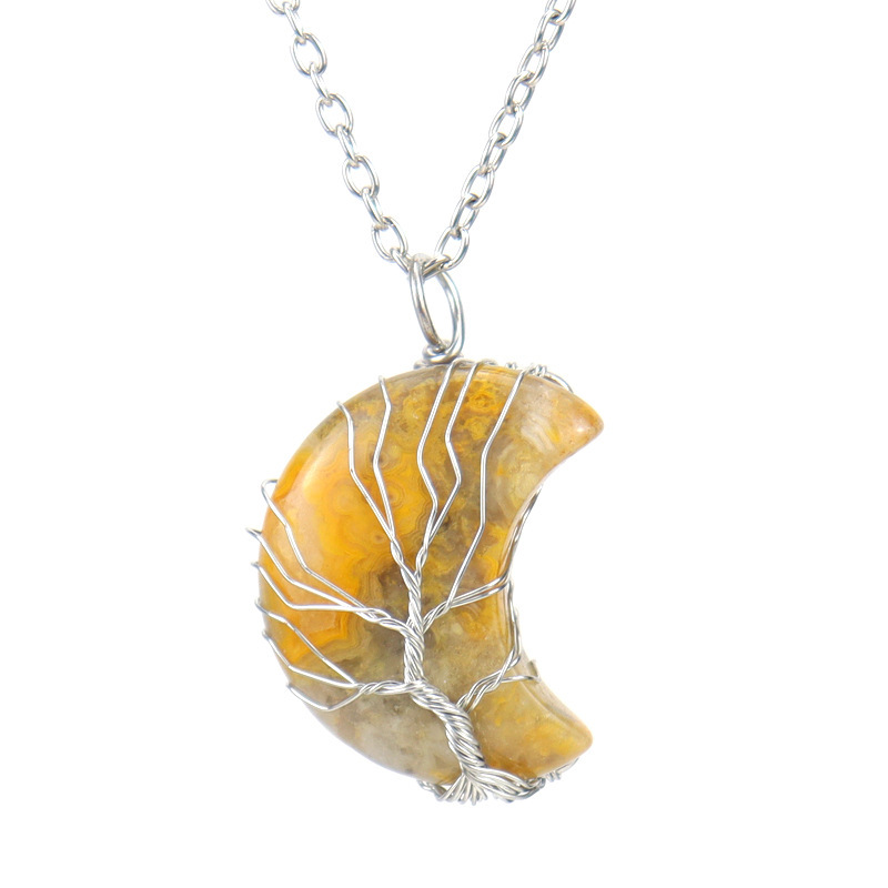 Natural Stone Moon Wrapped Thread Handmade Money Tree Crystal Necklace