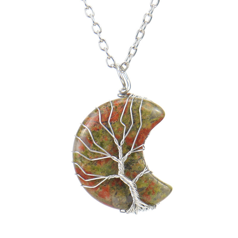 Natural Stone Moon Wrapped Thread Handmade Money Tree Crystal Necklace