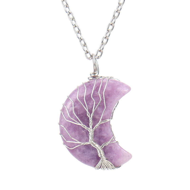 Natural Stone Moon Wrapped Thread Handmade Money Tree Crystal Necklace