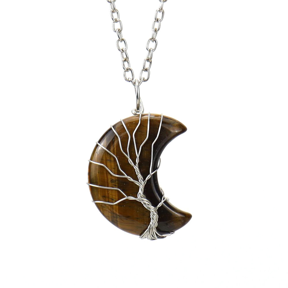 Natural Stone Moon Wrapped Thread Handmade Money Tree Crystal Necklace