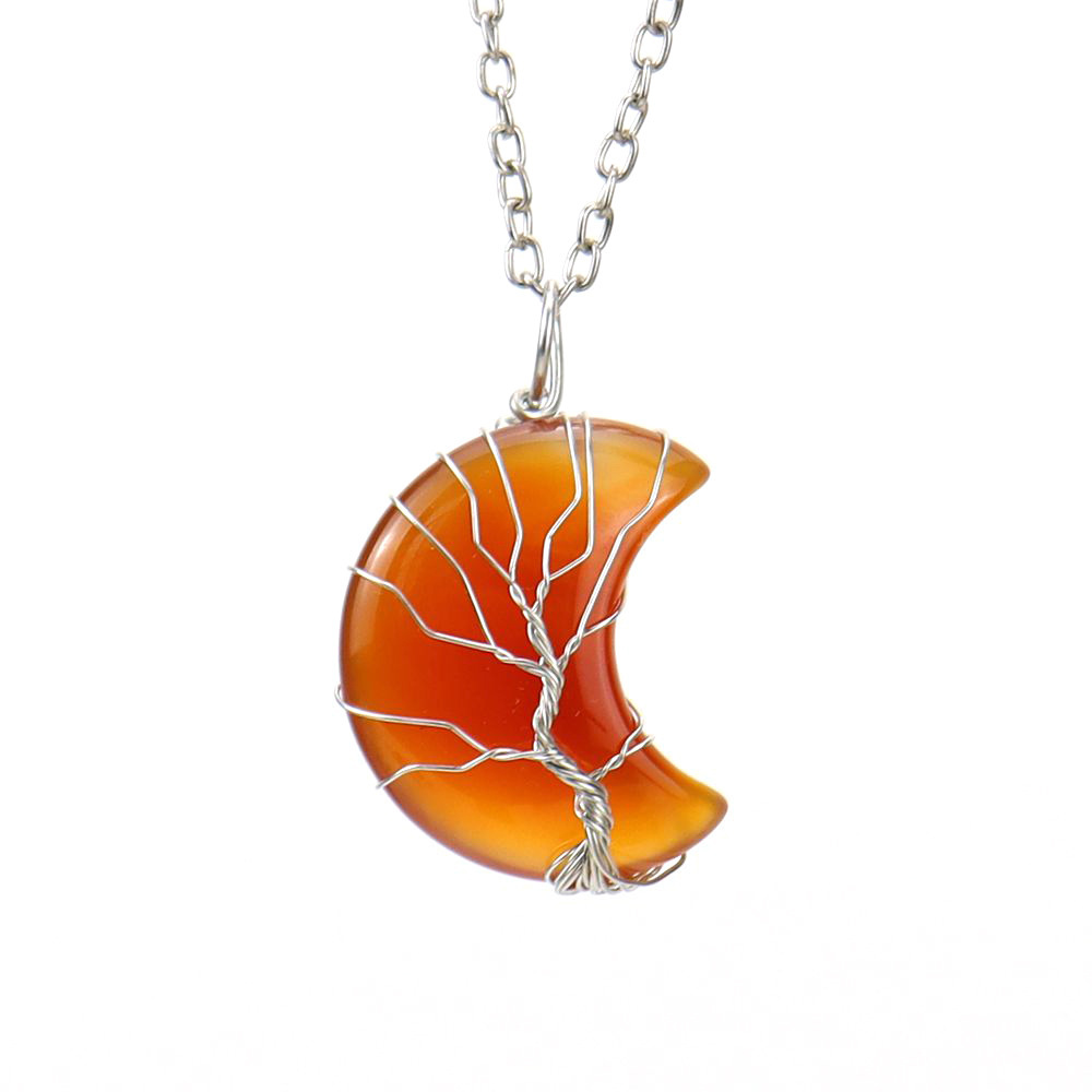 Natural Stone Moon Wrapped Thread Handmade Money Tree Crystal Necklace