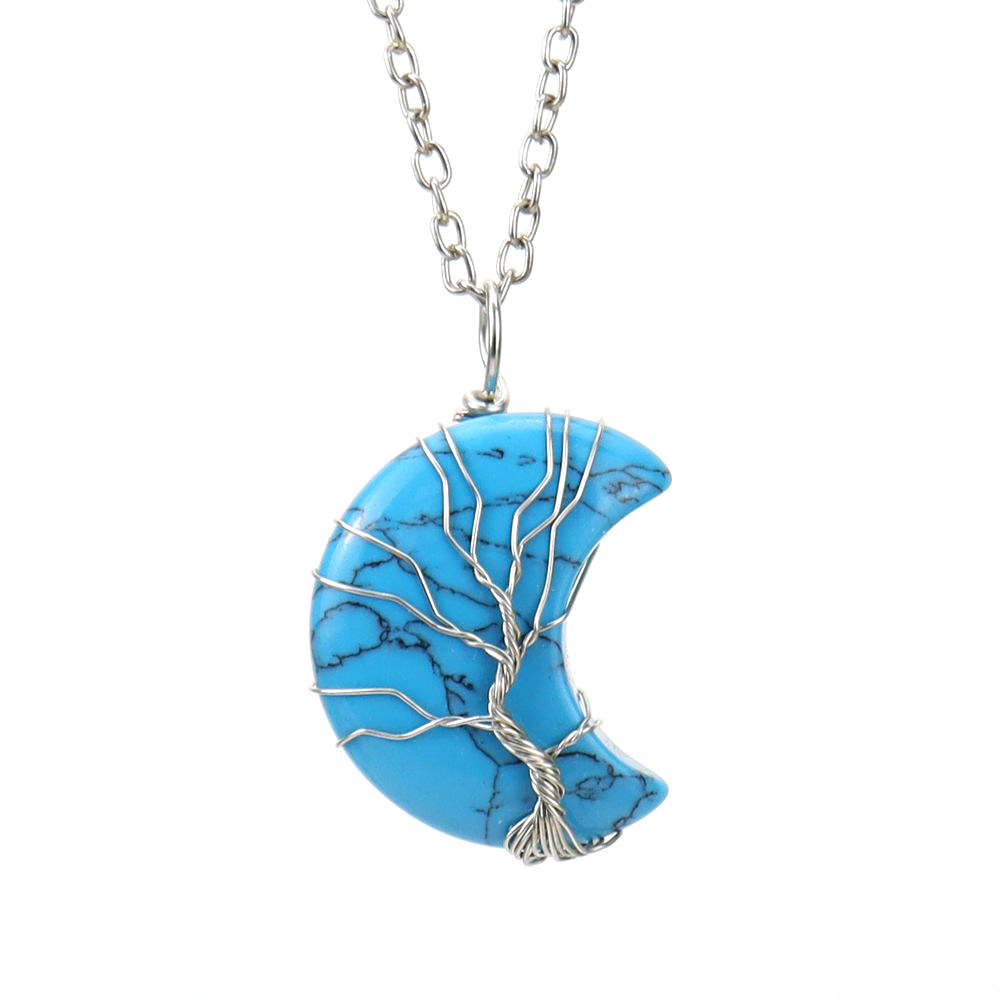 Natural Stone Moon Wrapped Thread Handmade Money Tree Crystal Necklace