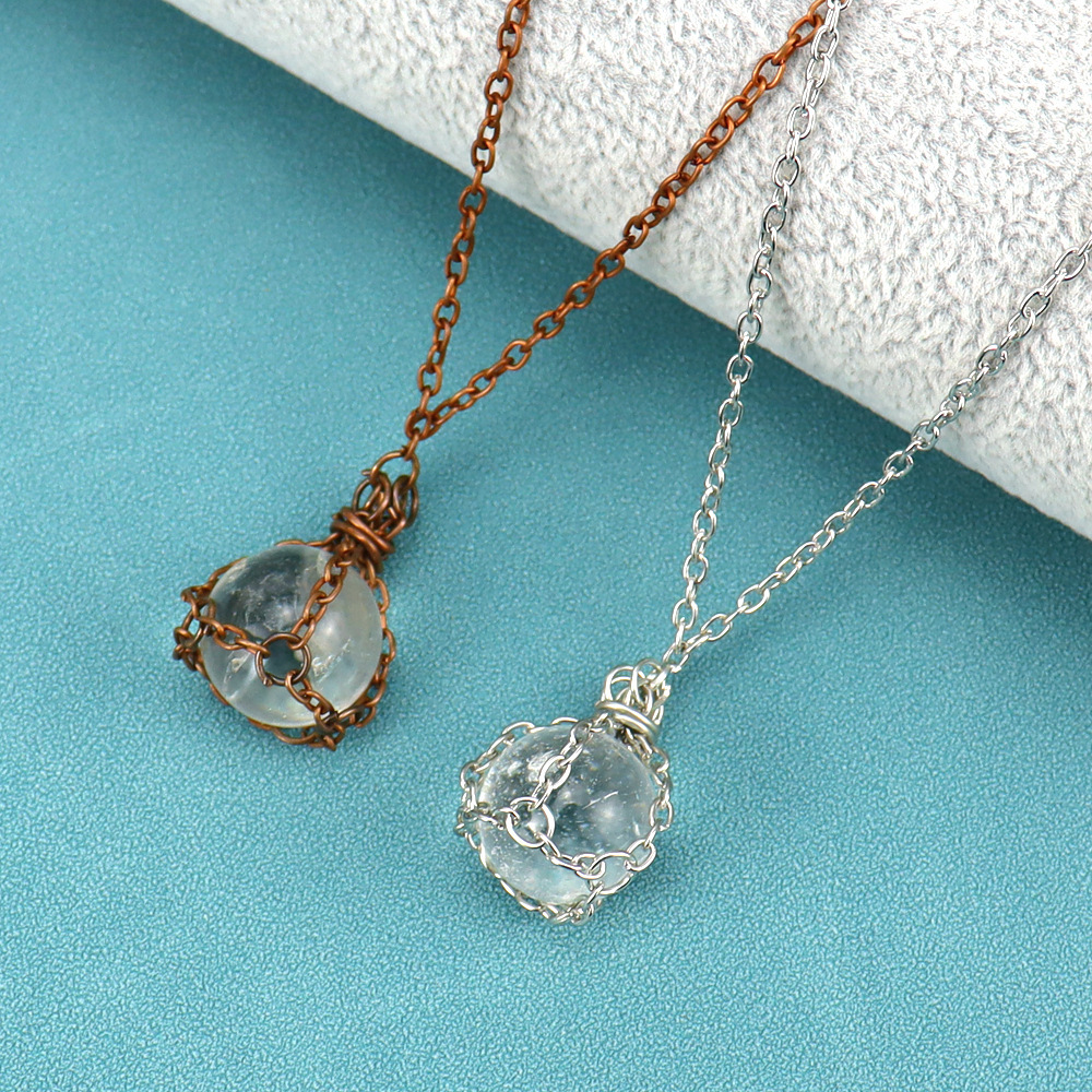 Vintage Natural Clear Quartz Gemstone Necklace with Round Stones