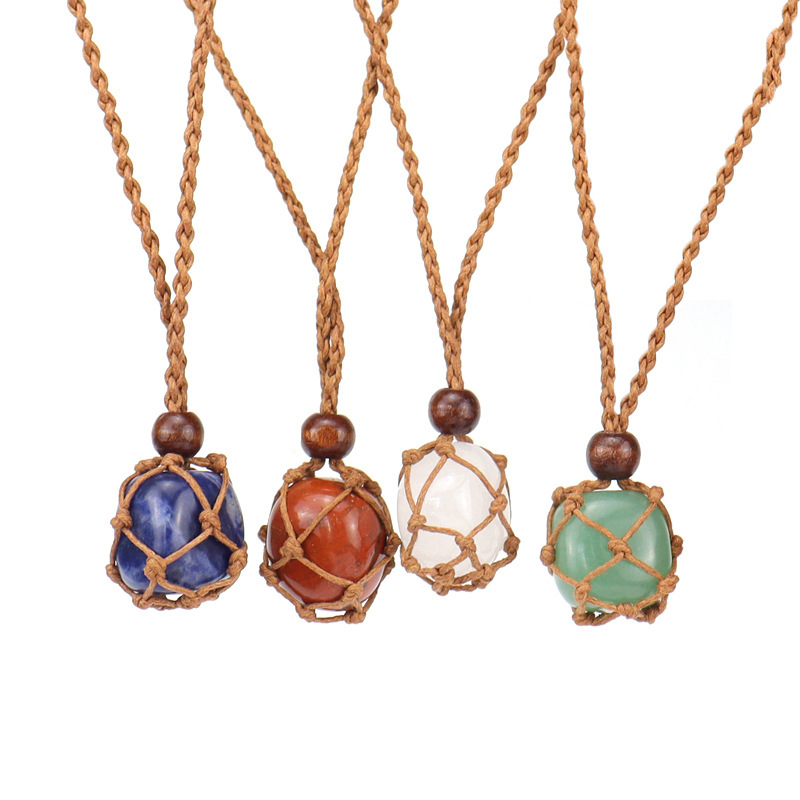 Natural Stone & Crystal Raw Stone Mesh Bag Hand-woven Necklace