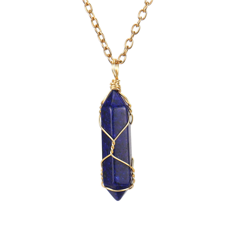 Hand-wound Natural Stone and Crystal Hexagonal Prism Necklace