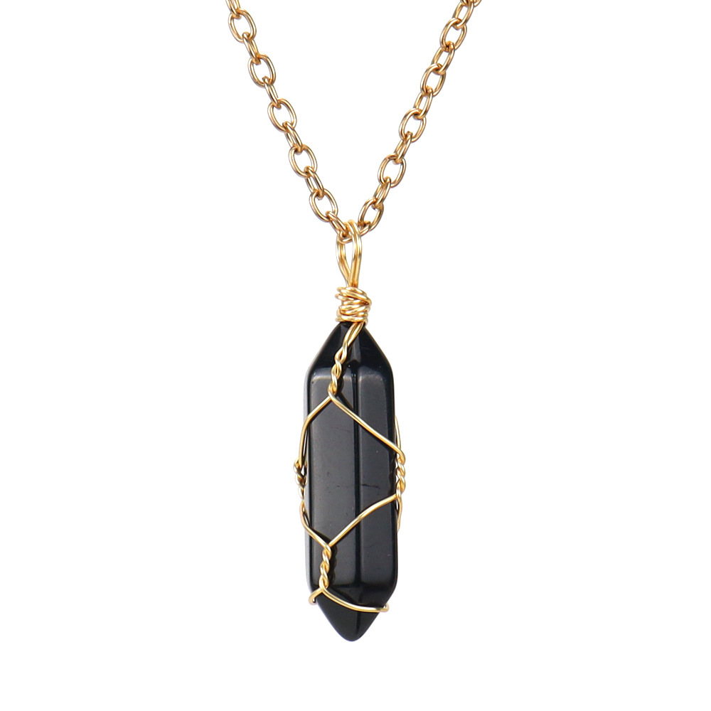 Hand-wound Natural Stone and Crystal Hexagonal Prism Necklace