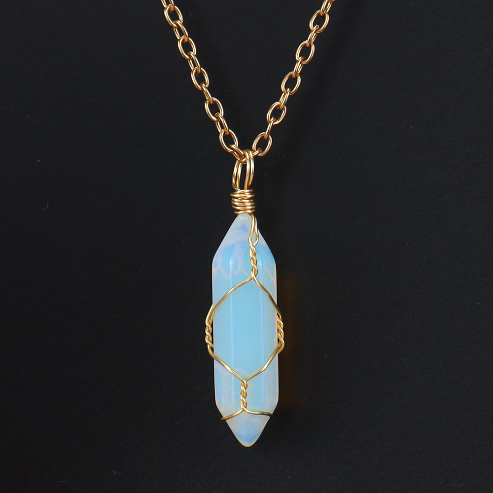 Hand-wound Natural Stone and Crystal Hexagonal Prism Necklace