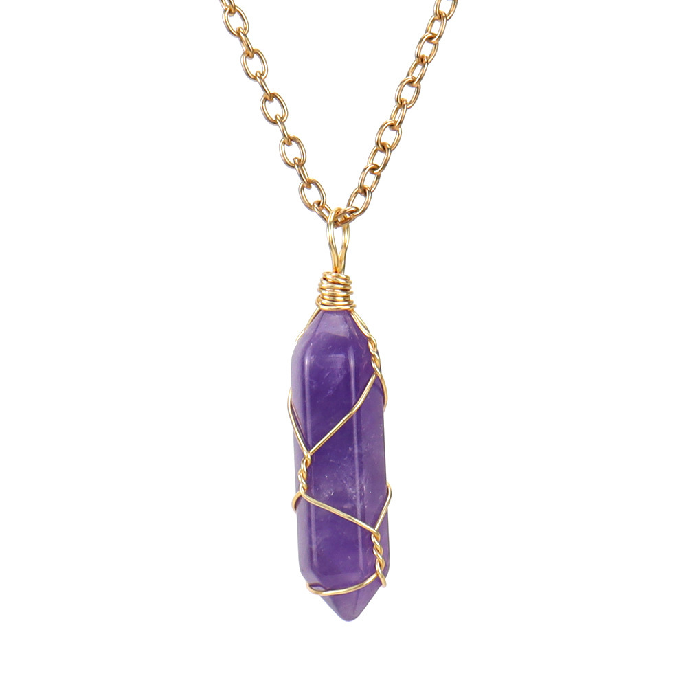 Hand-wound Natural Stone and Crystal Hexagonal Prism Necklace