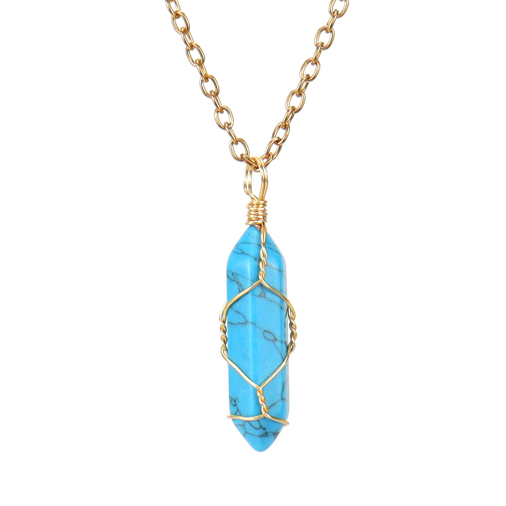 Hand-wound Natural Stone and Crystal Hexagonal Prism Necklace