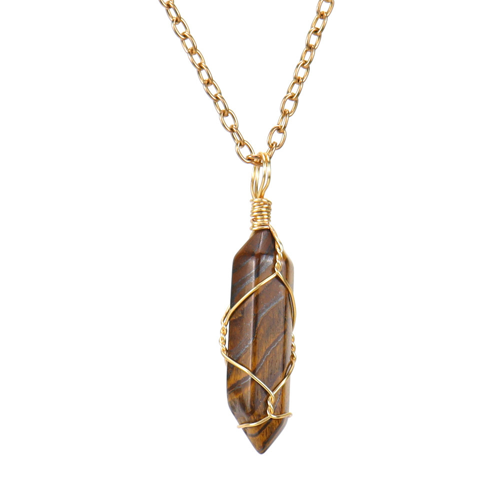 Hand-wound Natural Stone and Crystal Hexagonal Prism Necklace