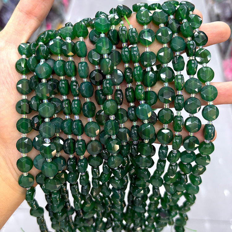 MYK4573-Green Agate A/Round Hexagonal Faceted Bead