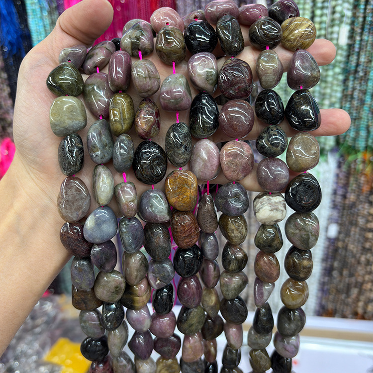 MYK4578-Natural tourmaline irregular smooth long strand of tourmaline beads