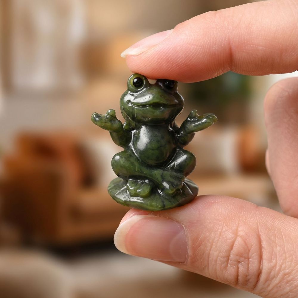 MYK4723-Natural Serpentine jade carving of a meditating frog.