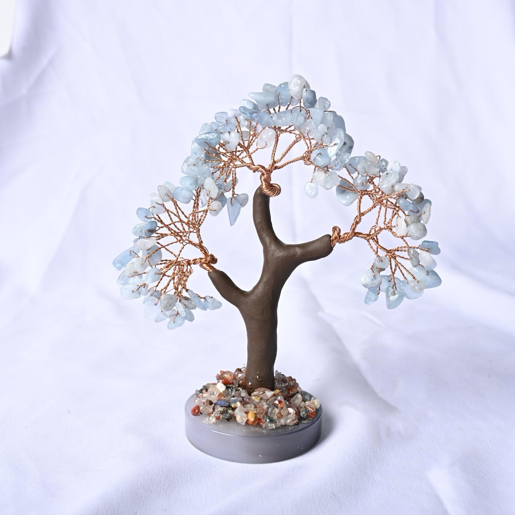 MYK4756-Natural Thick Agate Base + Aquamarine Pebble Money Tree Ornament