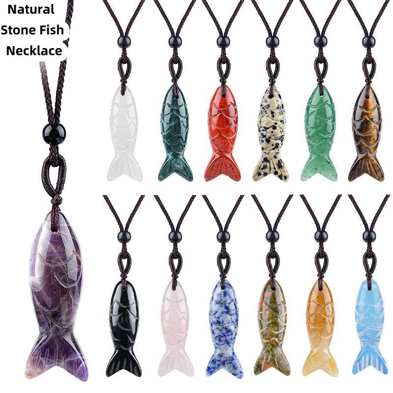 MYK4774-40mm Natural Semi-precious Stone Fish Necklace Pendant