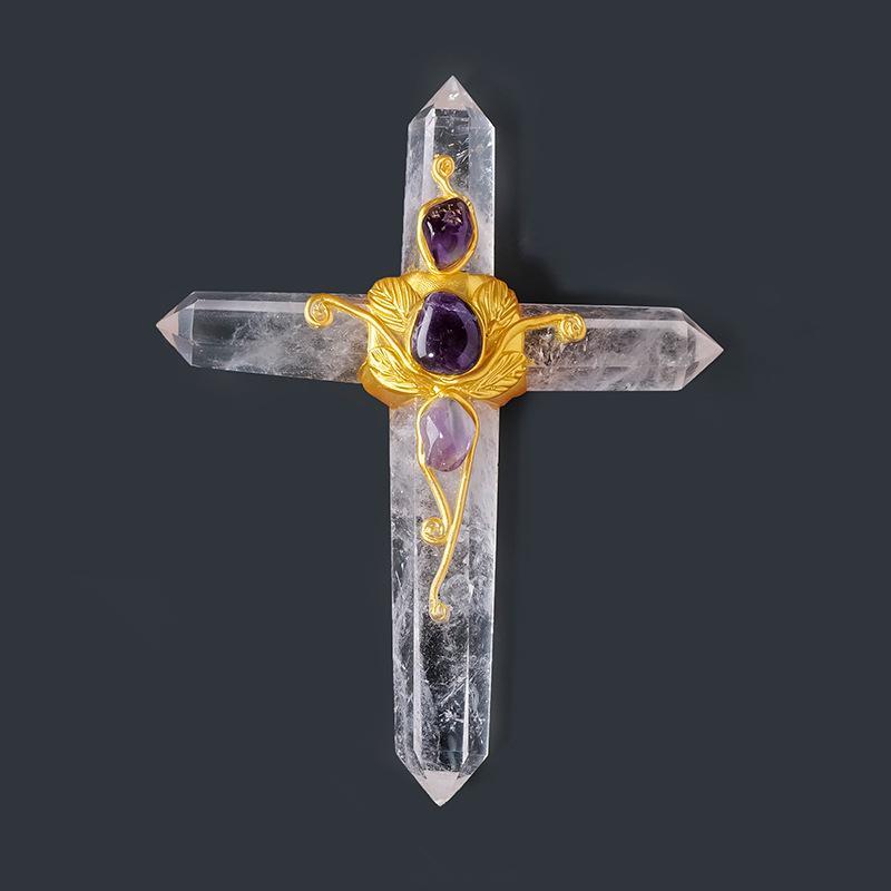 MYK5033-Natural crystal raw stone hexagonal prism cross magic wand