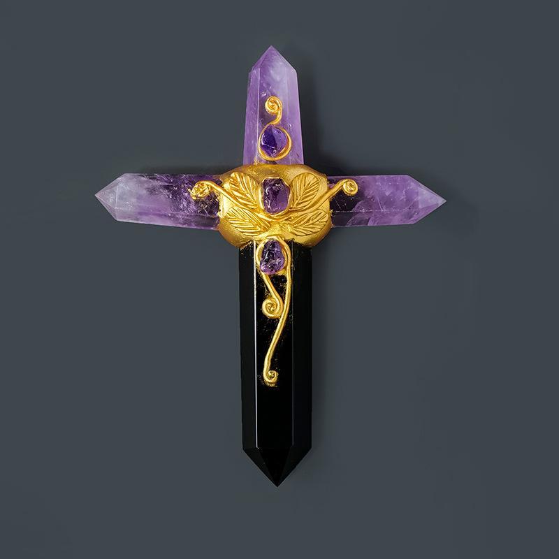 MYK5033-Natural crystal raw stone hexagonal prism cross magic wand