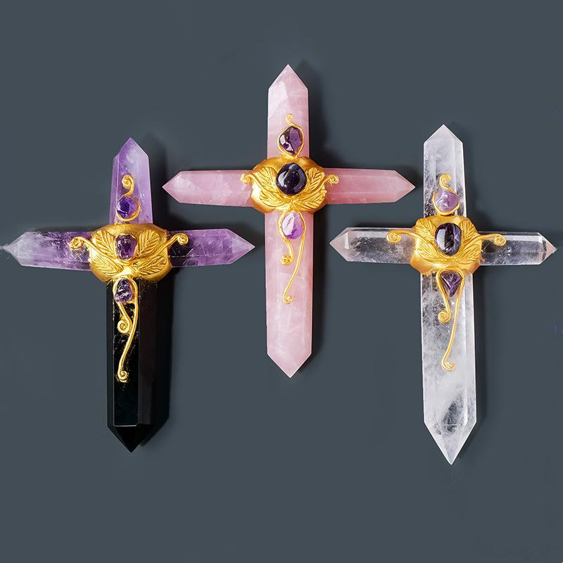 MYK5033-Natural crystal raw stone hexagonal prism cross magic wand
