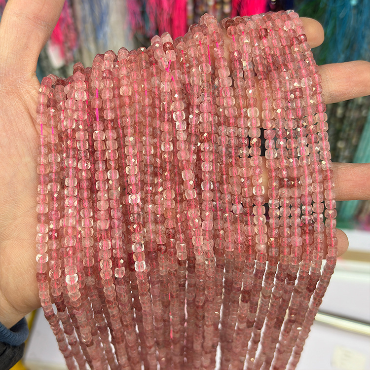 MYK5076-Natural Strawberry Quartz A/Square Faceted Beads