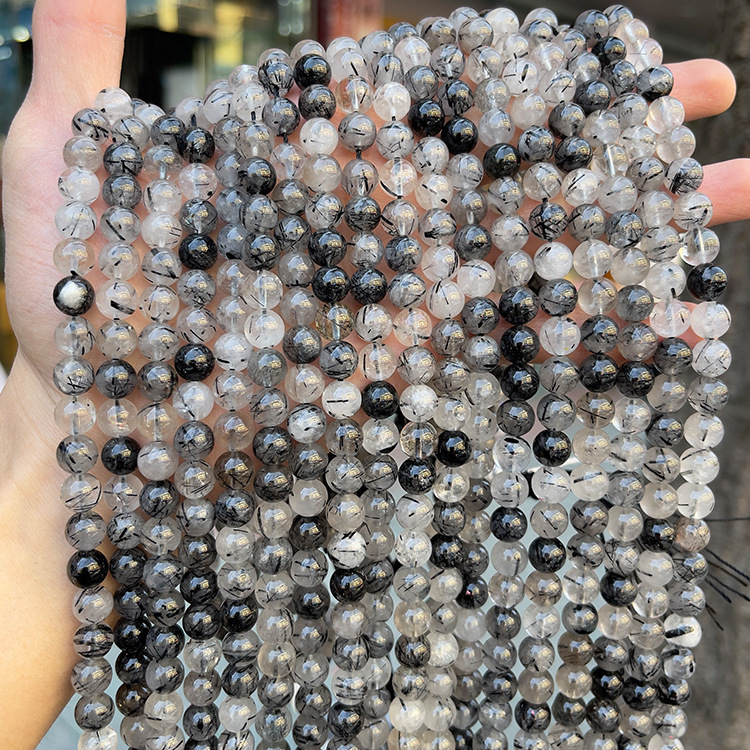 MYK5256-Natural Black Rutilated Quartz AA Beads