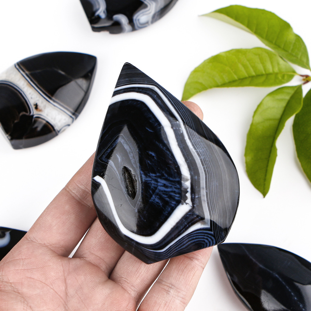 MYK5416-Natural Black Banded Agate Flame Ornament