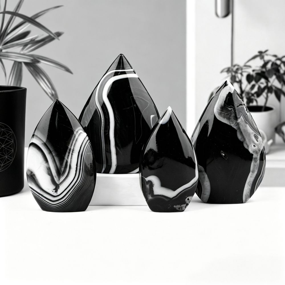 MYK5416-Natural Black Banded Agate Flame Ornament