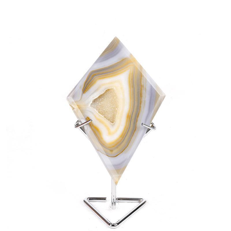 MYK5421-Natural Gray Banded Agate Geode, Rhombus Shaped Piece with Stand