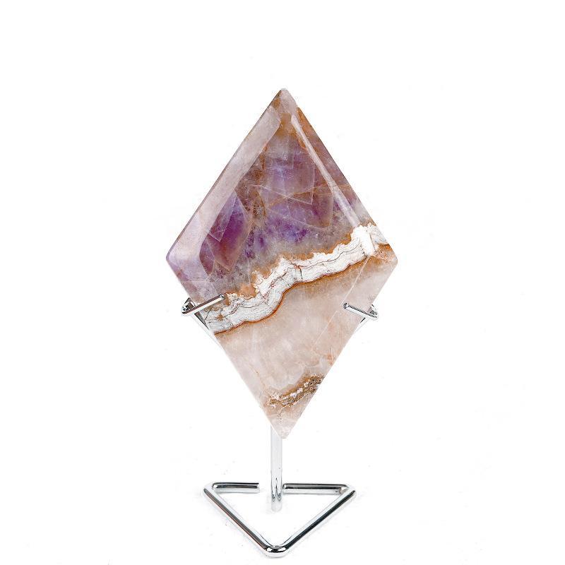 MYK5427-Natural Amethyst Calcite Rhombus-Shaped Slice with Stand for Ornamental Display