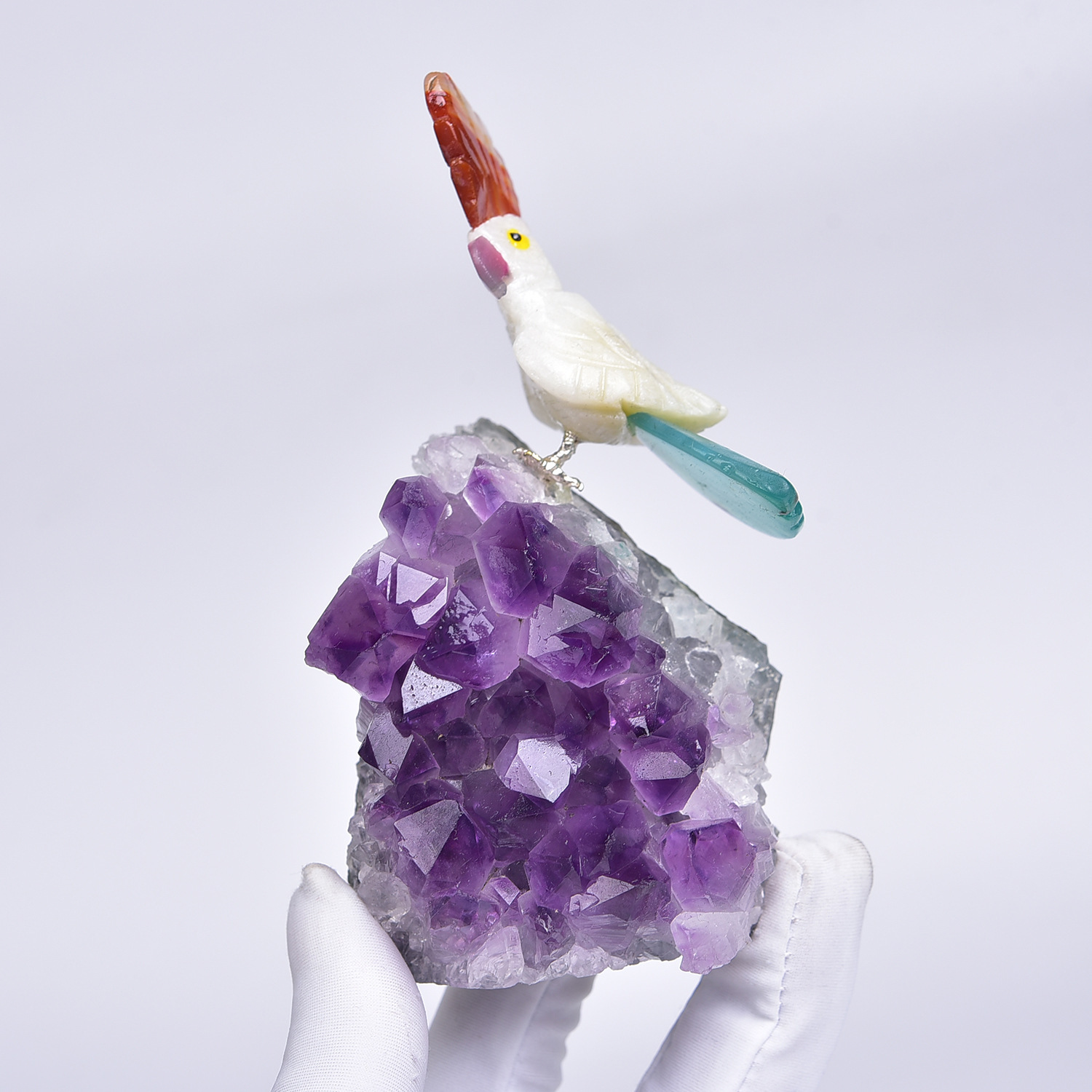 MYK5487-Natural Crystal Semi-precious Stone Cluster Carved Parrot Ornament