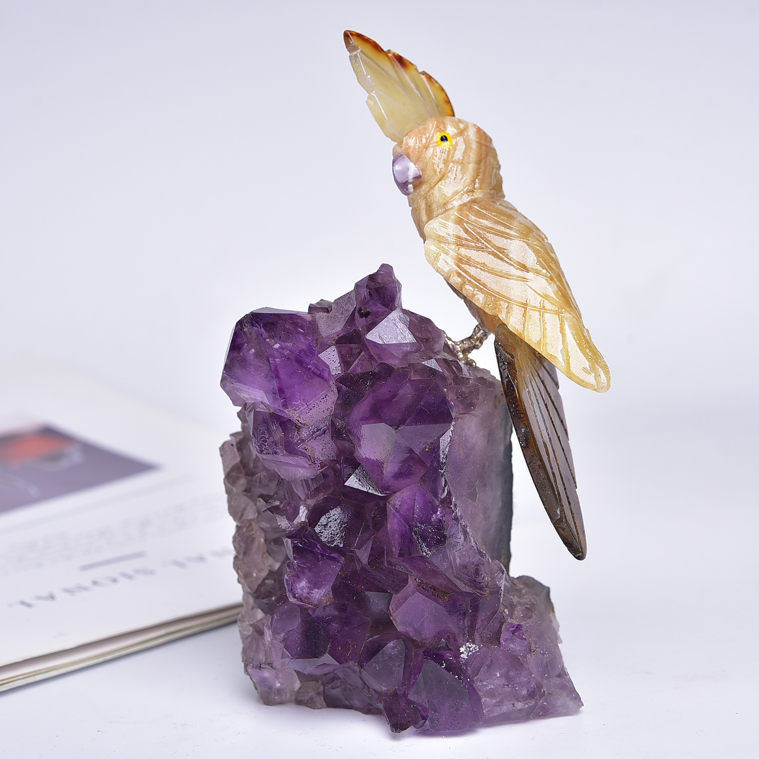MYK5487-Natural Crystal Semi-precious Stone Cluster Carved Parrot Ornament