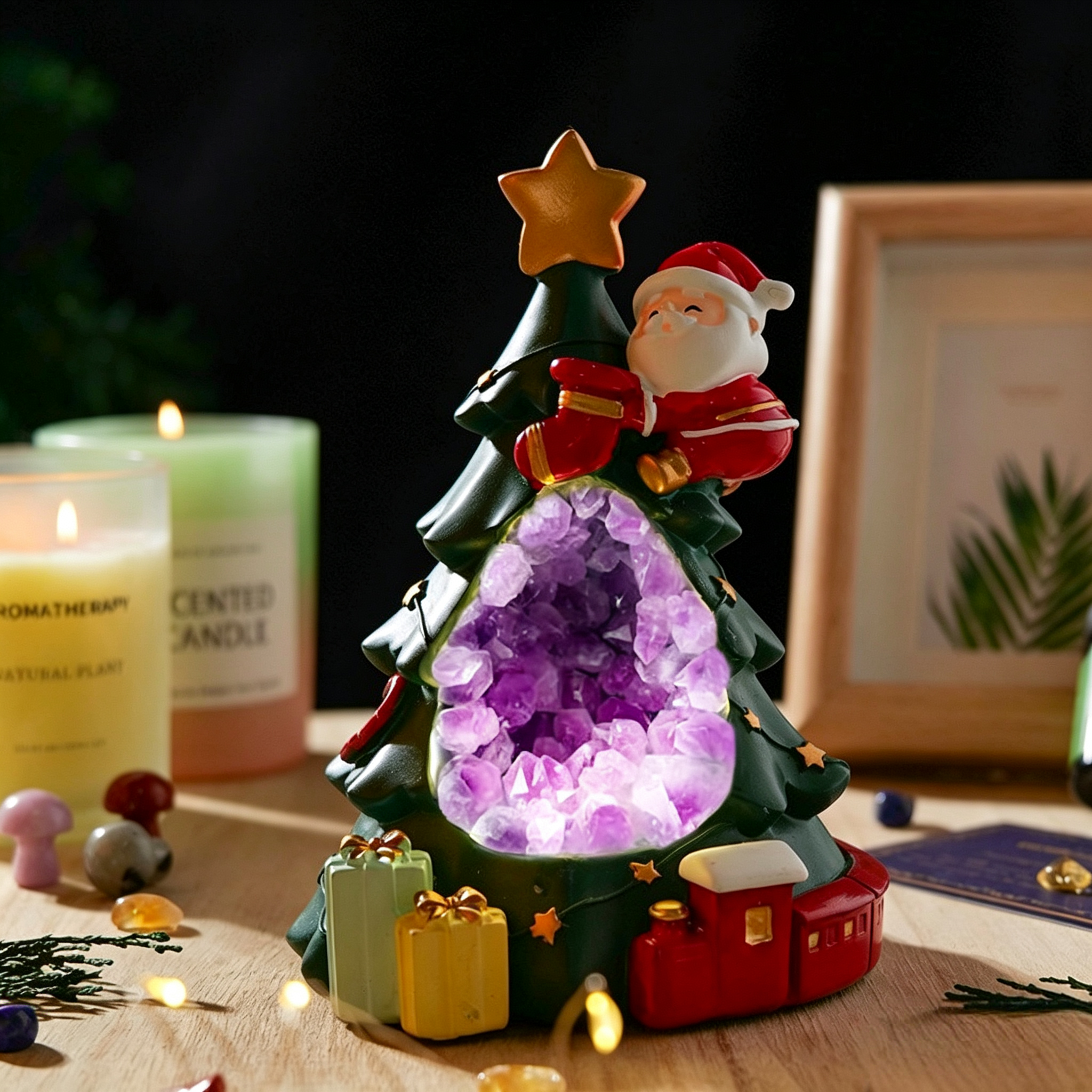 Natural Crystal Cave Christmas Tree Style (Amethyst Ivory Flower) Night Light