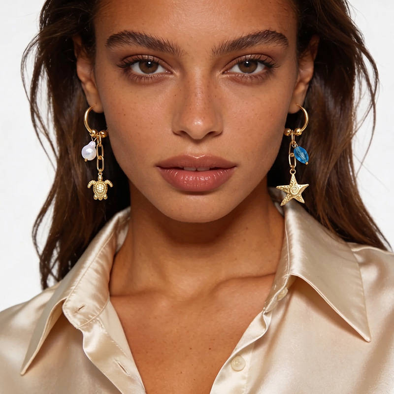 Stainless Steel Starfish and Turtle Mixed Style Earrings