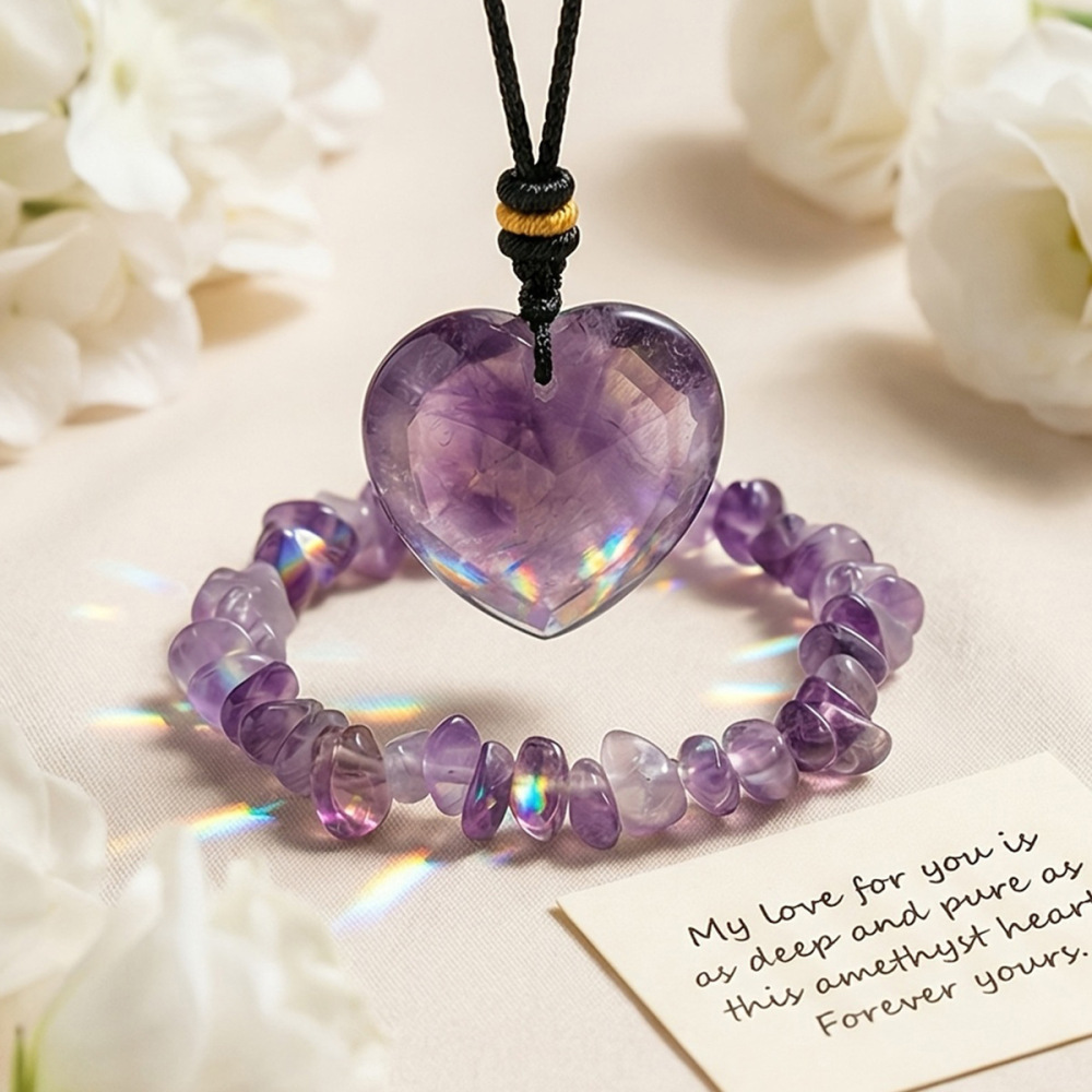 Natural Crystal Amethyst Heart Pendant + Pebble Bracelet Set