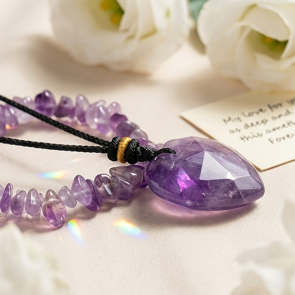 Natural Crystal Amethyst Heart Pendant + Pebble Bracelet Set