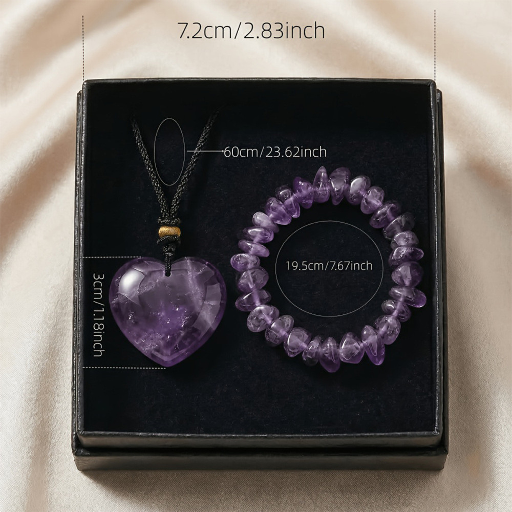 Natural Crystal Amethyst Heart Pendant + Pebble Bracelet Set