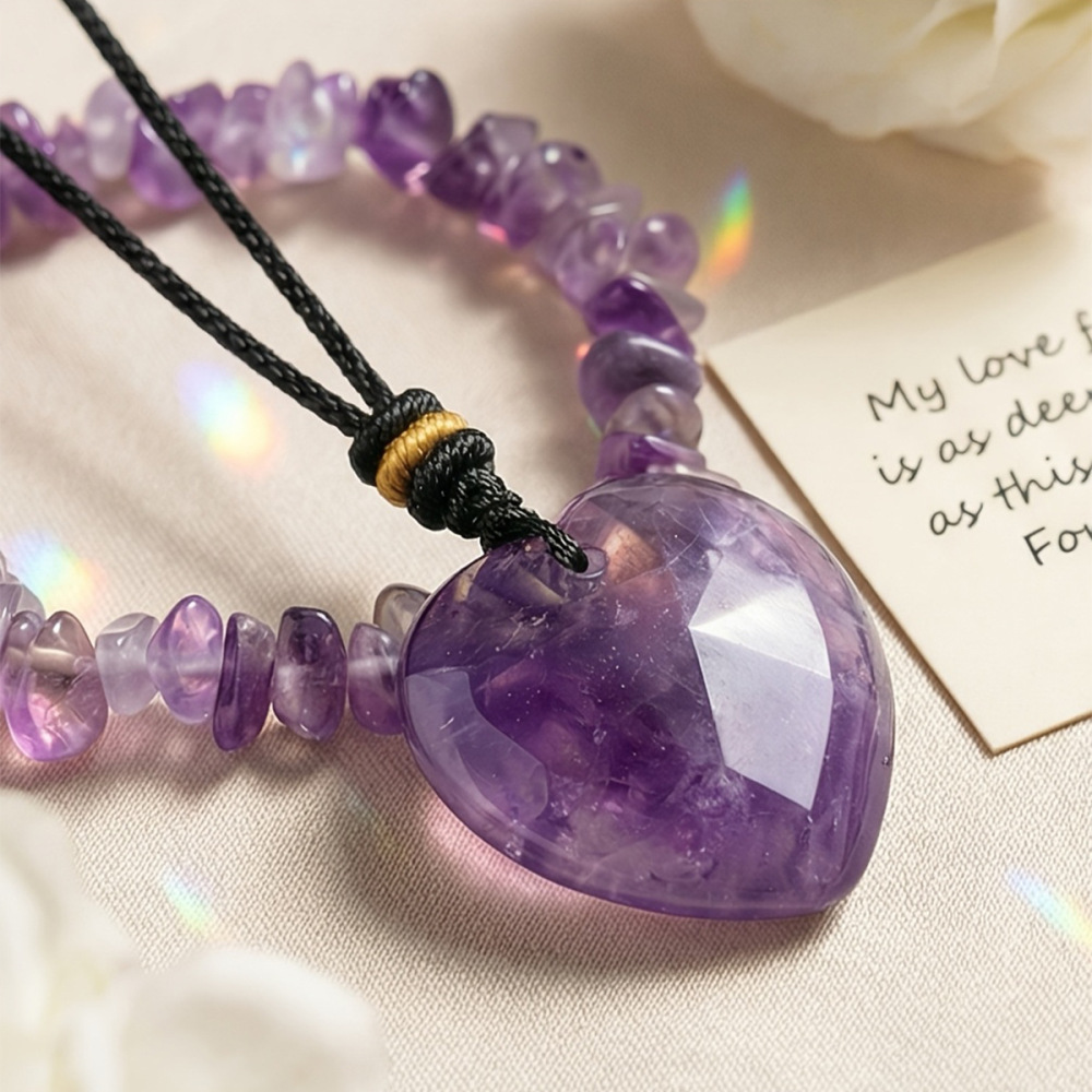Natural Crystal Amethyst Heart Pendant + Pebble Bracelet Set