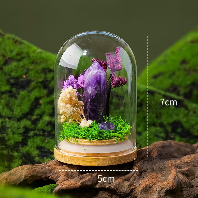 Natural Crystal Pillar Preserved Flower Glass Dome Ornament