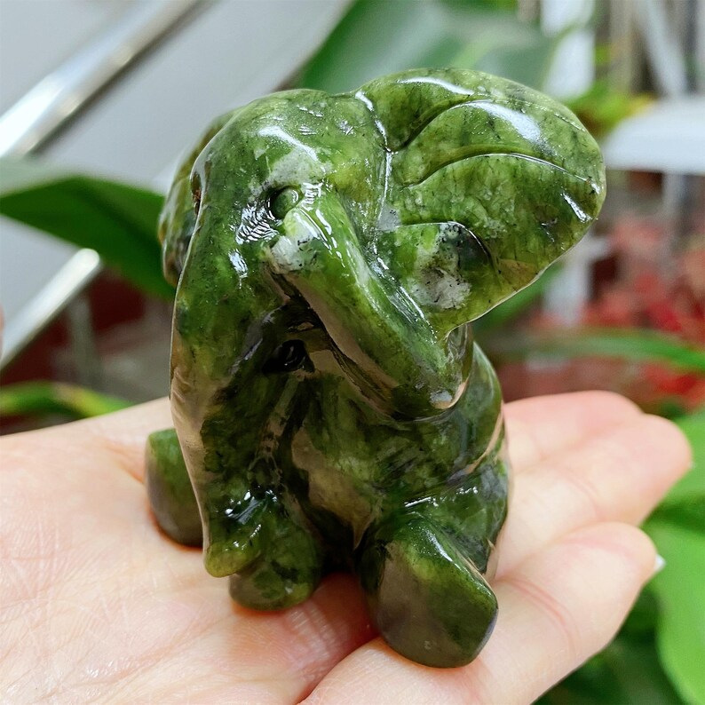 Seated Elephant Figurine Made of Natural Serpentine Jade