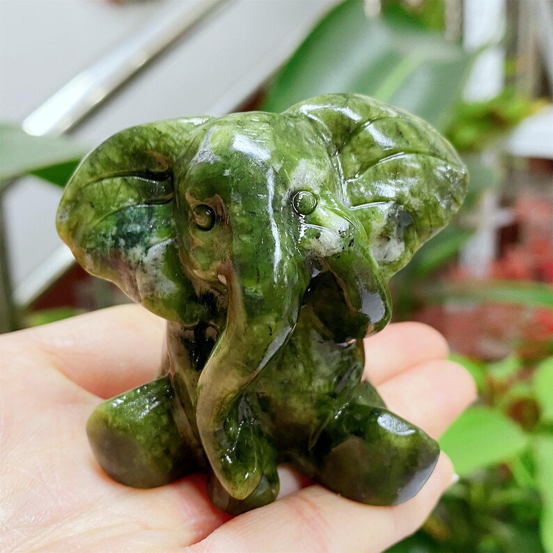Seated Elephant Figurine Made of Natural Serpentine Jade