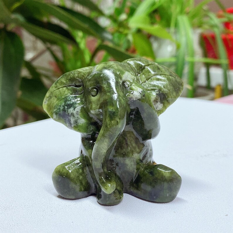 Seated Elephant Figurine Made of Natural Serpentine Jade